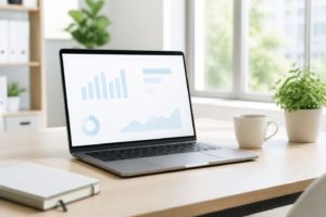 明るいオフィスのデスクでダッシュボードを表示したノートPC