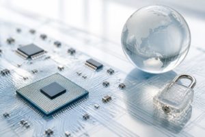 明るい基板の上に置かれた半導体チップとガラスの地球儀