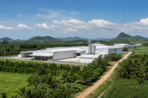 タイの明るい食品加工場と、外の緑の農地