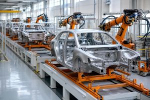 明るい自動車組立ラインに並ぶ未塗装の車体