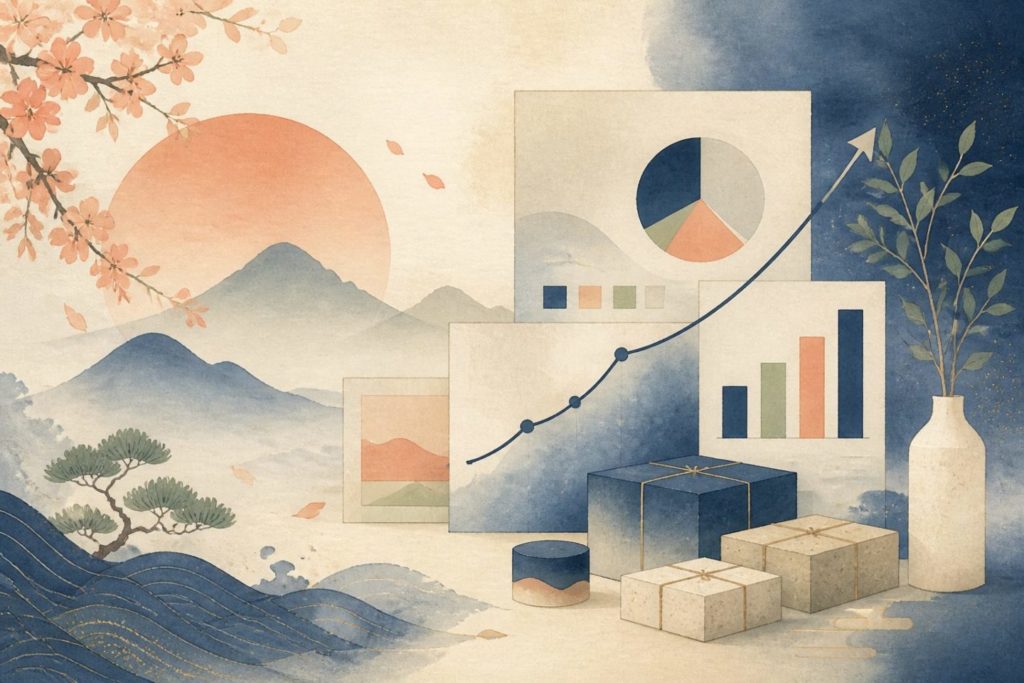 販売戦略を示す木版画風イラスト