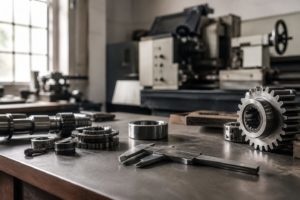 木目と金属が調和する精密機械の作業台