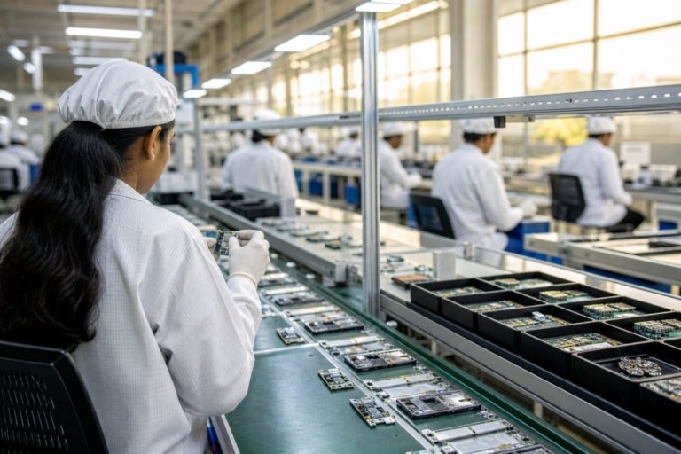 明るいインドのスマホ組立ライン