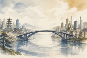 国内外をつなぐ橋の水彩イラスト