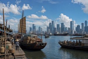 ショップハウスと港と新しい高層ビルが混在する東南アジアの港湾都市
