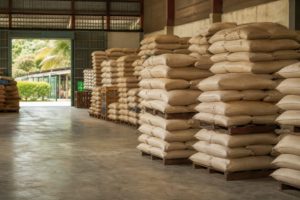 熱帯の光が入る食品卸倉庫と無地の袋が積まれたパレット