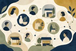 顧客と店舗のネットワーク抽象イラスト