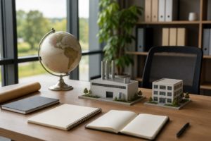 地球儀と建築模型が並ぶ明るい進出検討デスク
