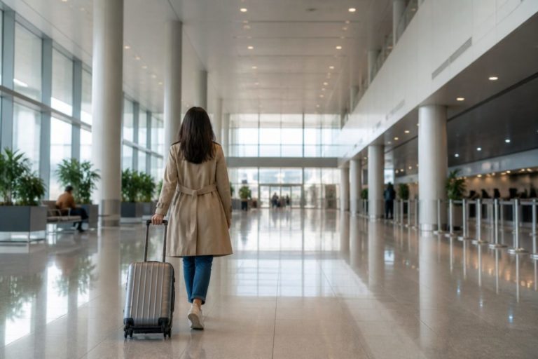 空港の明るいロビーで荷物をまとめる後ろ姿。緊迫しすぎない