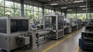 インドネシアの近代的な製造工場に並ぶ生産・検査設備