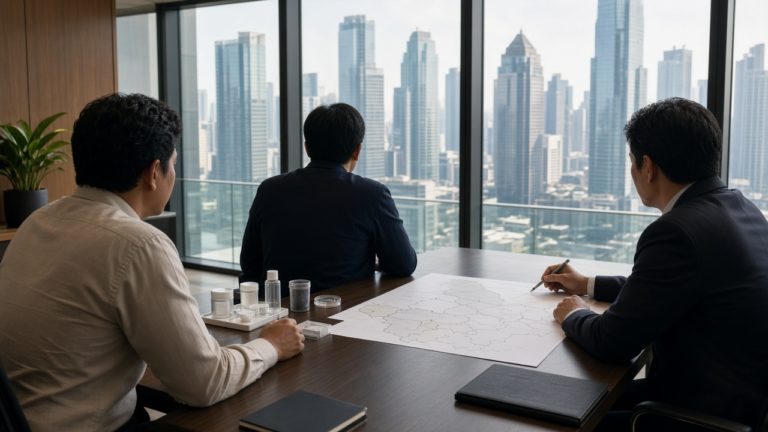 ジャカルタのオフィスで販売地域と商品を確認する商談風景